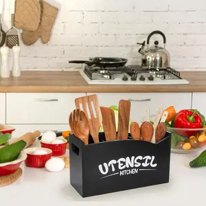 Black Wooden Utensil Holder Organizer, 3-Compartment Modern Farmhouse Kitchen Countertop Cooking Utensil Caddy for Silverware Fork Spoon Spatula, Housewarming Bridal Shower Wedding Gift Cutlery Storage Stylish Cookware Handles Knives maid of honor