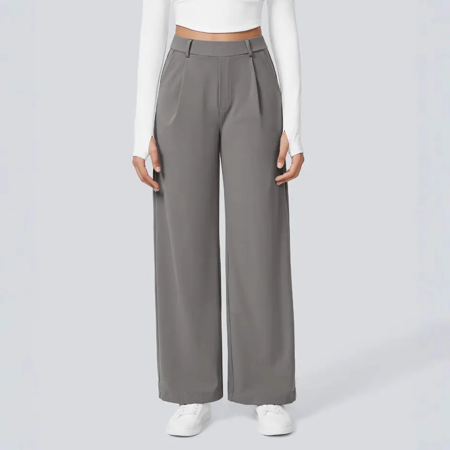 High Waisted Plicated Side Pocket Straight Leg Work Pants - Tailored Trousers with Utility Pockets for Casual & Outdoor Activities Womenswear Bottom women's workout sets