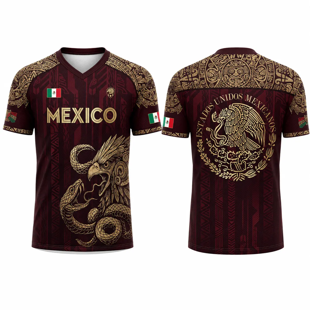 2026 Mexico Burgundy Short Sleeve Sports T-Shirt for Men, Gold Eagle Snake Graphic Tee, Aztec Heritage Print, Mexican Flag Detail, Estados Unidos Mexicanos Back Design, Casual Athletic Top summerwins tiktokshopbacktoschool