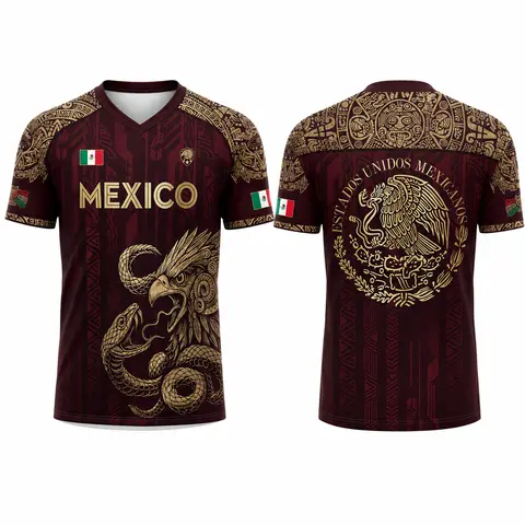 2026 Mexico Burgundy Short Sleeve Sports T-Shirt for Men, Gold Eagle Snake Graphic Tee, Aztec Heritage Print, Mexican Flag Detail, Estados Unidos Mexicanos Back Design, Casual Athletic Top summerwins
