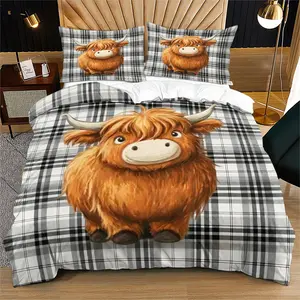 Plaid Highland Cow Pattern Quilt Cover Set, Soft And Comfortable Bedding Set (1 Quilt Cover + 1/2 Pillowcase, No Filler), Suitable For Teenagers And Adults, Bedroom, Dormitory, Guest Room Scene Decoration
