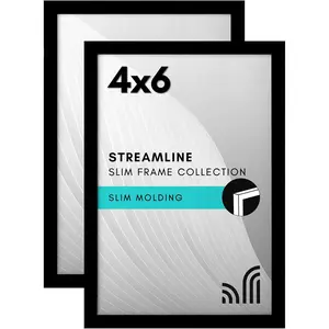 4x6 Picture Frame with Shatter-Resistant Glass - Set of 2 - Streamline Collection - Thin Border Photo Frame for Tabletop and Wall - Hanging Hardware and Easel Stand Included - Black