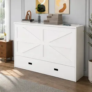 ARCH Full Size Murphy Bed with Storage Drawers and Charging Cabinet, Foldable Wall Bed with USB Type-C, Solid Wood+MDF, White, Space Saving for Guest Room Living Room Office, No Box Spring Needed, Full Size Options, White Color Options