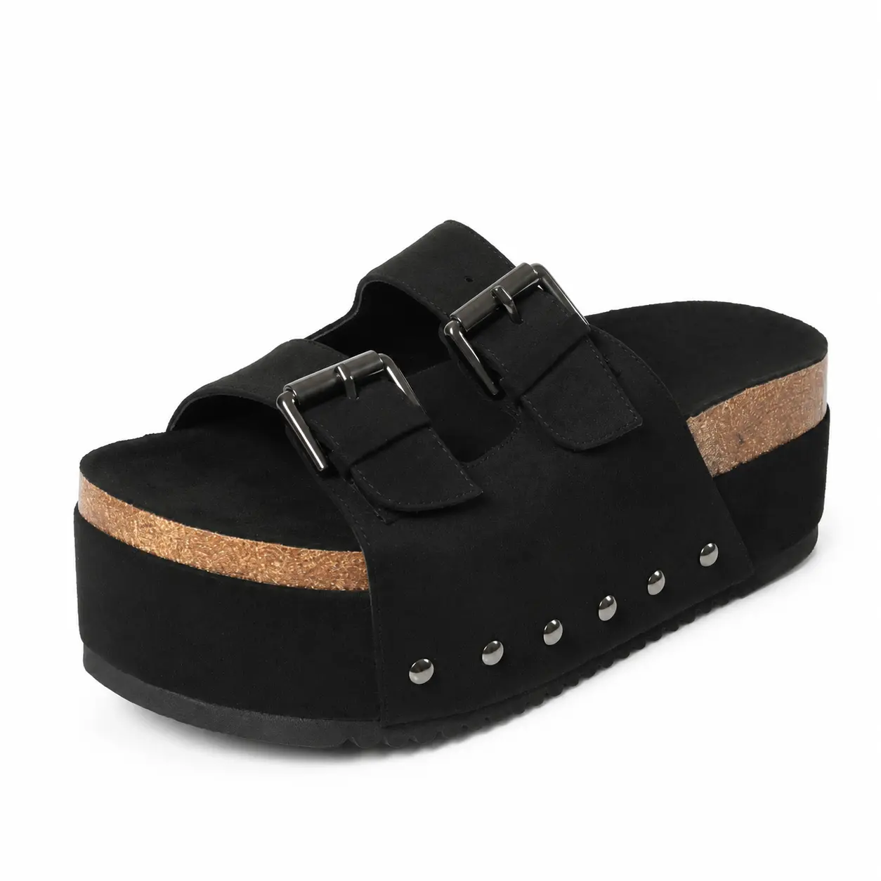 INSMIA Womens Platform Slide Sandals, Double Buckle Open Toe Sandals with Faux Suede Straps and Cork Footbed, Chunky Wedge Casual Summer Sandals, Black Footwear