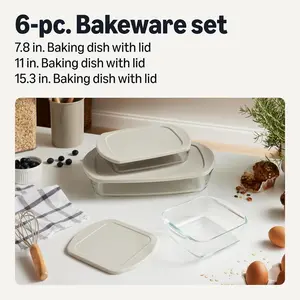 Amazon Basics 6-Piece Borosilicate Glass Bakeware Set - Baking Dishes with BPA-Free Lids, Oven-Safe up to 752°F, Non-Slip, Stackable
