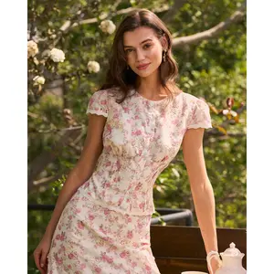 rihoas Women's Chic Round Neck Cap-Sleeve Blouse - Slim Fit, Pink Floral Woven Polyester Fabric, Button-Front, Casual Wear for Ladies