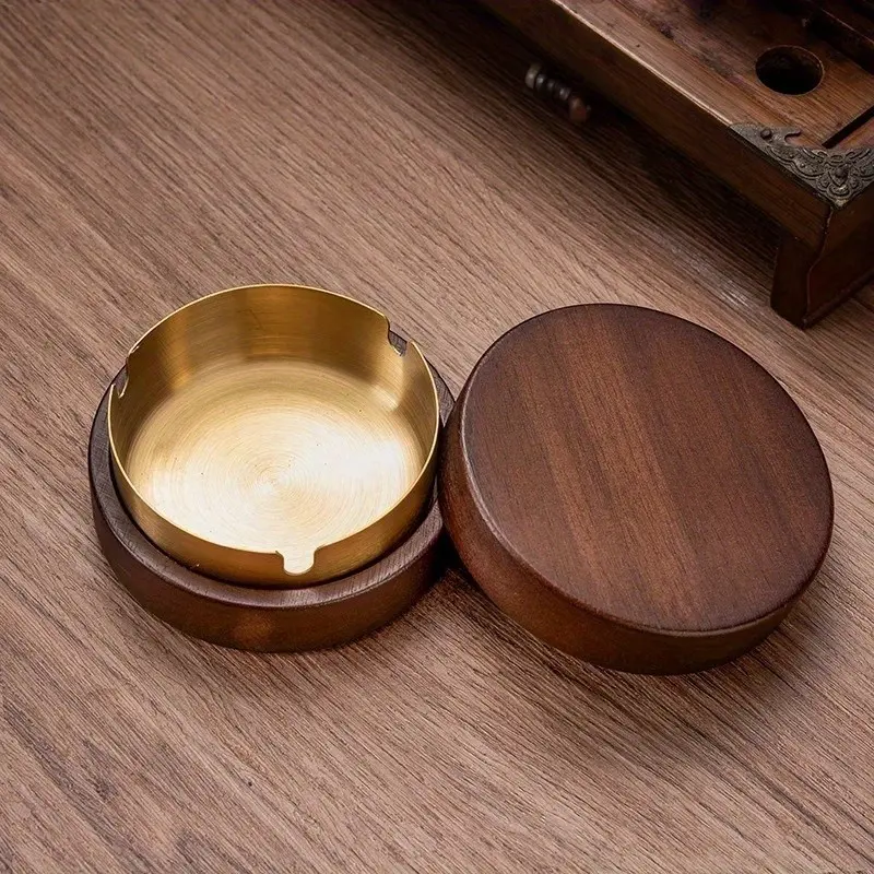 Wooden Round Ashtray, Creative Home Office Dual Use, Living Room Decor, Lidded Design, Prevents Ash Scatter, Simple Elegant Style