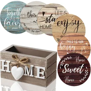 Coasters Set of 6, House Warming Gifts, Wooden Farmhouse Drink Coasters with Holder, 4'' Funny Decoration, Kitchen Tabletop Protection