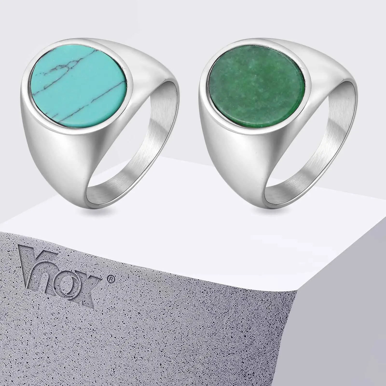Vnox Stainless Steel Turquoise Green Aventurine Signet Ring for Men, Punk Rock Oval Ring Size 7-12, 17mm Wide Band Punk Jewelry