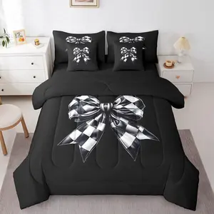 Feelyou 7-Piece Checkered Print Bedding Set - Black White Bowknot Design, Breathable Cloth Bed-in-a-Bag with Comforter & Sheets, Multi-Size for Teens, Seven Pieces