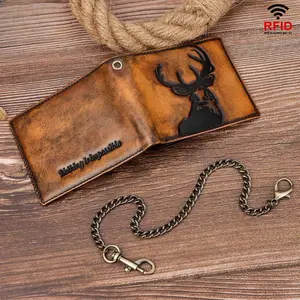 Mens Tri-fold Genuine Leather Wallet with Metal Anti-Theft Chain and Multi-Card RFID Card Holder Christmas gifts