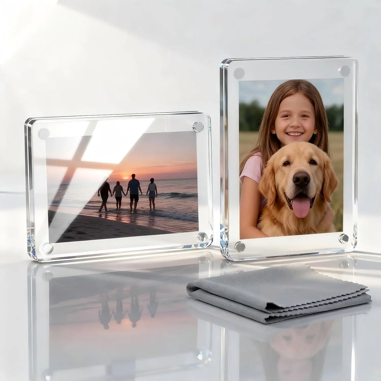 Decorative Minimalist Acrylic Magnetic Glass Photo Frame (6x9 in, 2.4 x 3.5 inches Compatible) - Home Decor Desktop Display, Horizontal-Vertical Placement, Fiberglass Pouch, Car Holder for All Types of Cars, Carnival, Christmas, Easter