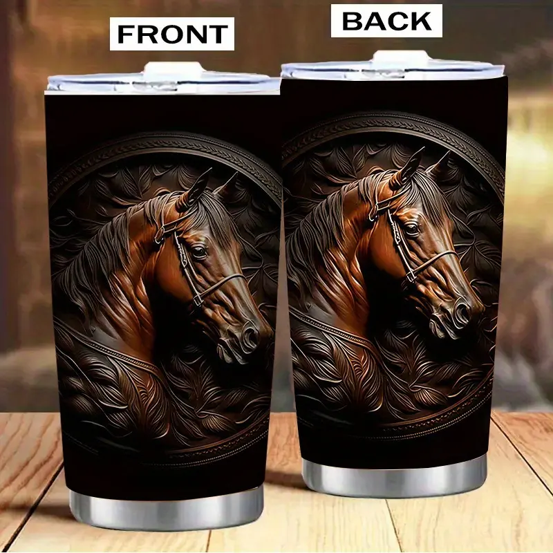 20 Oz Stainless Steel Insulated Cup Tumbler, 3D Printed Bronze Horse Design, Travel Mug Coffee Cup, Insulated Travel Drinkware, Perfect Gift for Brothers Husbands Fathers