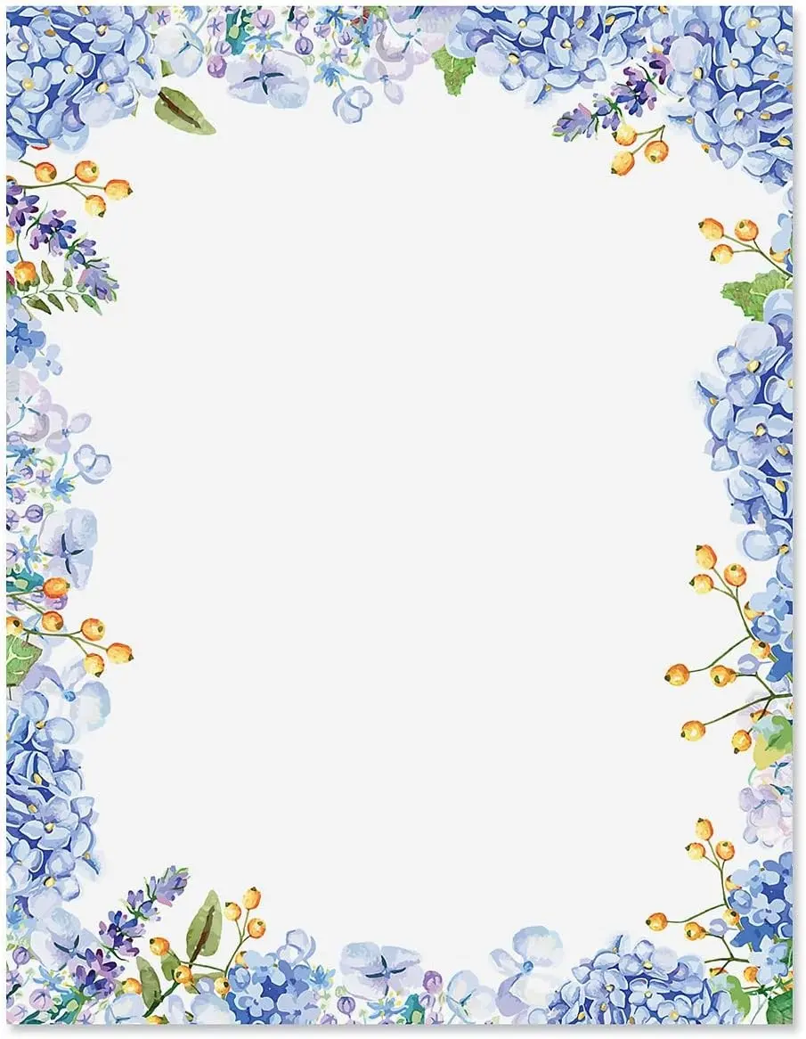 Hydrangeas Floral Letter Paper Spring Stationery With Decorative Hydrangeas Border Printable for Holiday Wedding Bridal Shower Invitation Sheets Set of 25 8 1/2" x 11"