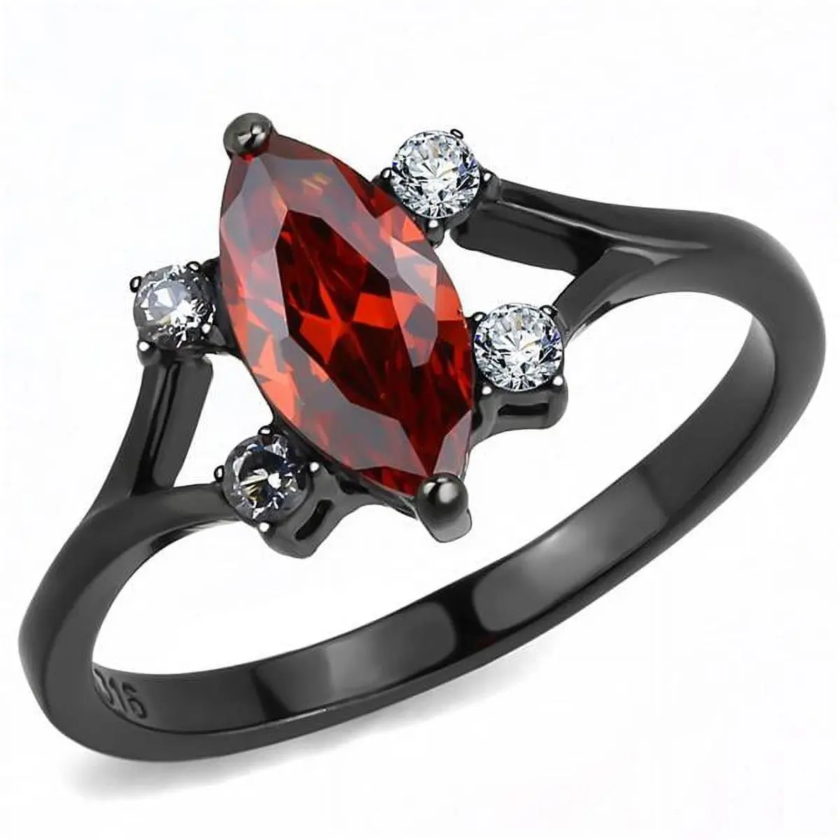 Alamode TK3445-7 Women's Blinder Shape Female Ring, Black Stainless Steel with AAA Grade CZ Garnet - Size 7
