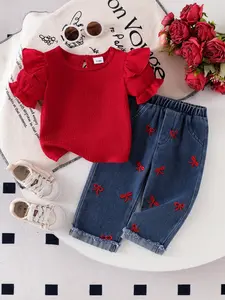 Baby Girl 2-Piece Set, Casual Solid Color Ruffle Sleeve Top, Butterfly Embroidery Jean Pants, Elastic Waist, Comfortable