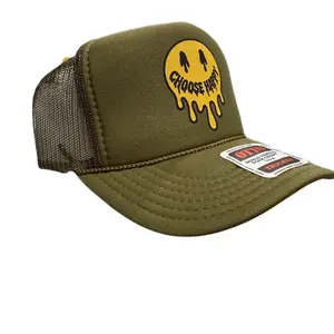 Otto Brand Custom Choose Happy Trucker Hat Olive Green with Yellow Smiley Face Design Mesh Back