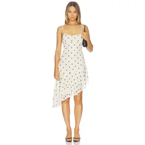 With Harper Lu Asymmetrical Frill Midi Dress in Ivory Polka