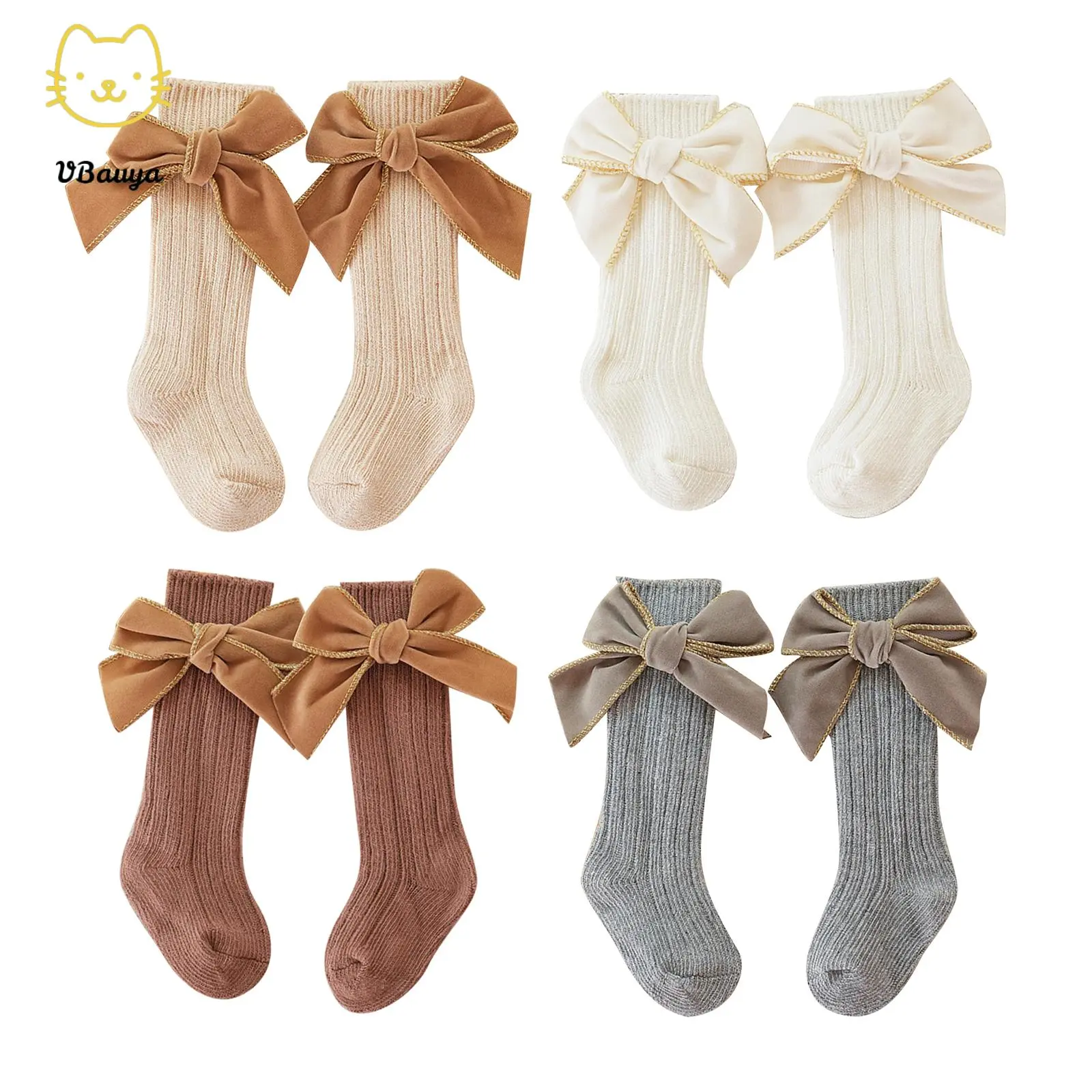 4-Pack Baby Girls' Combed Cotton Knee High Socks for 0-5 Years Infants Toddlers, Bow Accent, Ruffled Tube Stockings, Smooth Seams