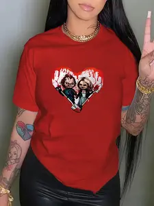 Women's Casual Streetwear Fashion Loose Round Neck Short Sleeve Top, Heart Print Loose T-Shirt, Fitted Style, Perfect for Daily Wear