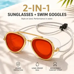 2-in-1 Polarized Swim Goggles & Sunglasses, Gold Frame Red Tinted Anti-Fog Goggles with UV Protection, 180° Wide View Silicone Seal for Adults