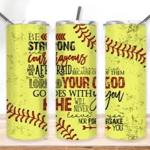 Be Strong + Softball | 20oz Sublimation Tumbler Transfer Print - Yellow Background with Baseball Design and Inspirational Quotes Bottle Drinkware Bottle Drinkware