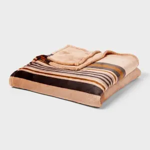 Twin/Twin XL Microplush Blanket Khaki Border Stripe - Threshold