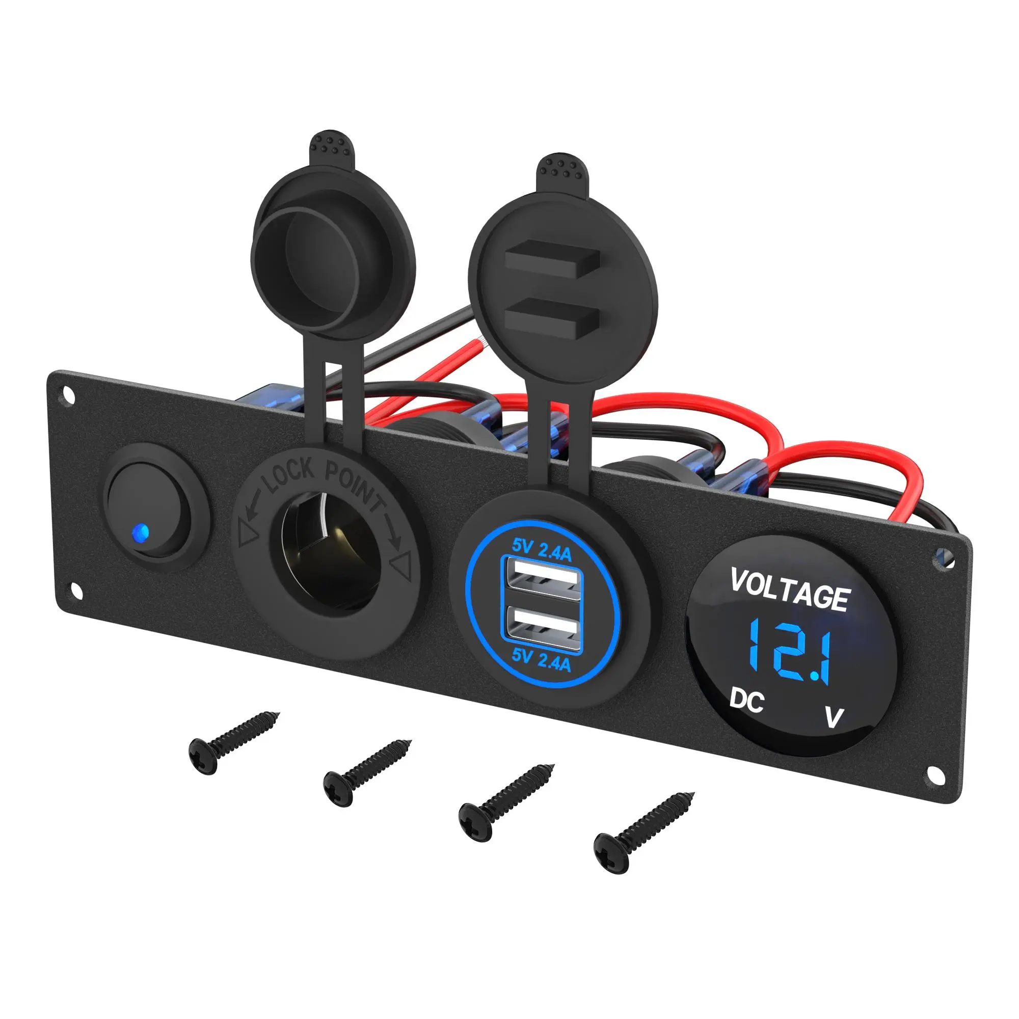 4 in 1 Car Outlet Socket Panel, 12V DC 4.8A Dual USB Power Outlet & 12V Cigarette Lighter Socket & LED Voltmeter & Lighted on/OFF Rocker Toggle Switch USB Mobile Charger
