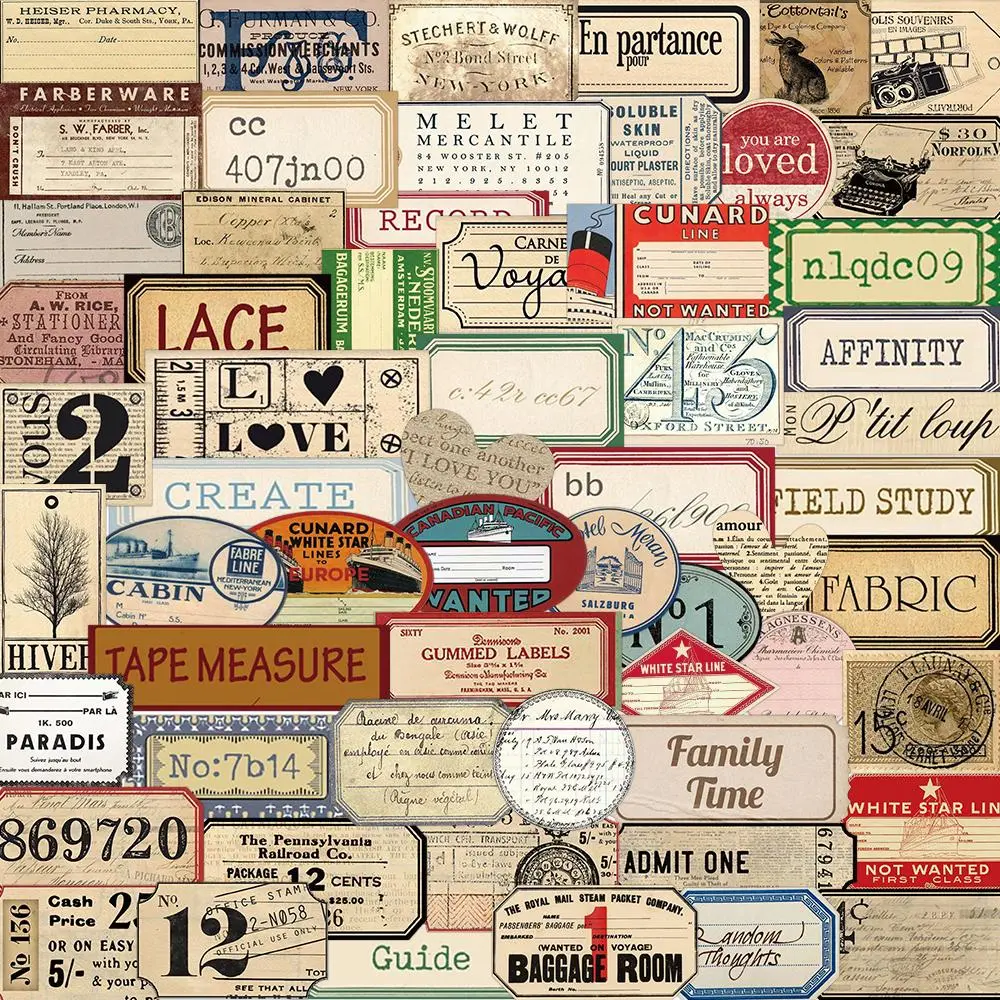Vintage English Label Sticker, 60/1200pcs/set Retro Label Sticker, DIY Decorative Sticker for Phone Case, Water Bottle, Scrapbook, Journal, Ornaments