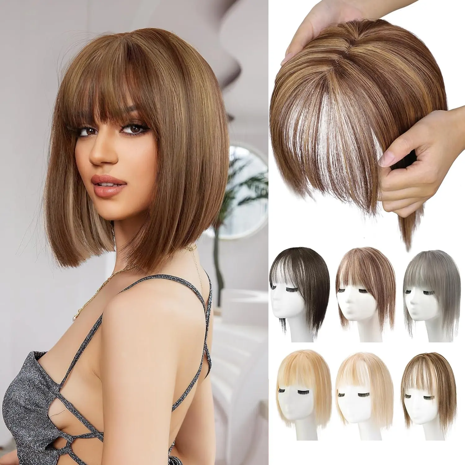 Clip-In Hair Topper for Women, 12-Inch Fluffy Synthetic Piece with Bangs, Breathable Silk Base for Thinning Hair & Grey Coverage, Clip In Synthetic Extensions & Pieces, Hideable Bangs Synthetic Extensions & Pieces