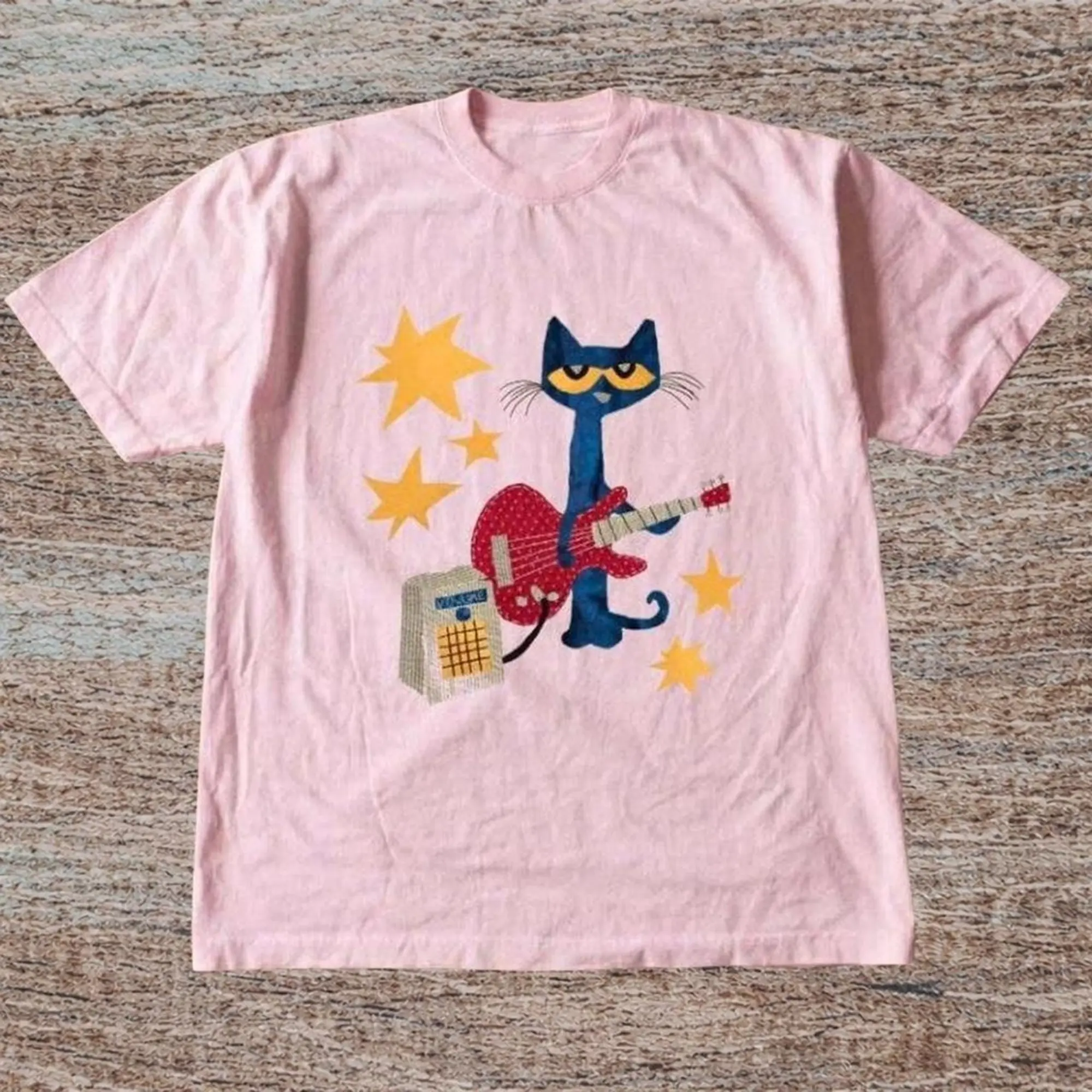 Pete The Cat Playing Guitar And Stars Surrounding Him Graphic Tee, Love Shirt, Pete The Cat, Unisex Vintage Graphic Tees Gothic Grunge Y2K Emo Scene Amity Affliction Style Clothes Men Women Streetwear