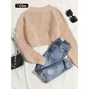 Elegant women’s round-neck long-sleeve pullover sweater, all-season solid color semi-sheer knit top, easy care—hand wash only