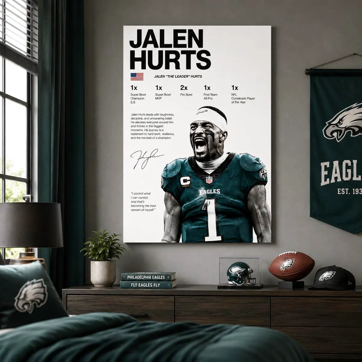 Jalen Hurts Philadelphia Eagles Canvas Wall Art Poster, Eagles  QB Stats Print Canvas Poster, NFL Football Sports Decor For Man Cave Bedroom Dorm, Fly Eagles Fly Fan Collectible Gift For Eagles Football Lovers