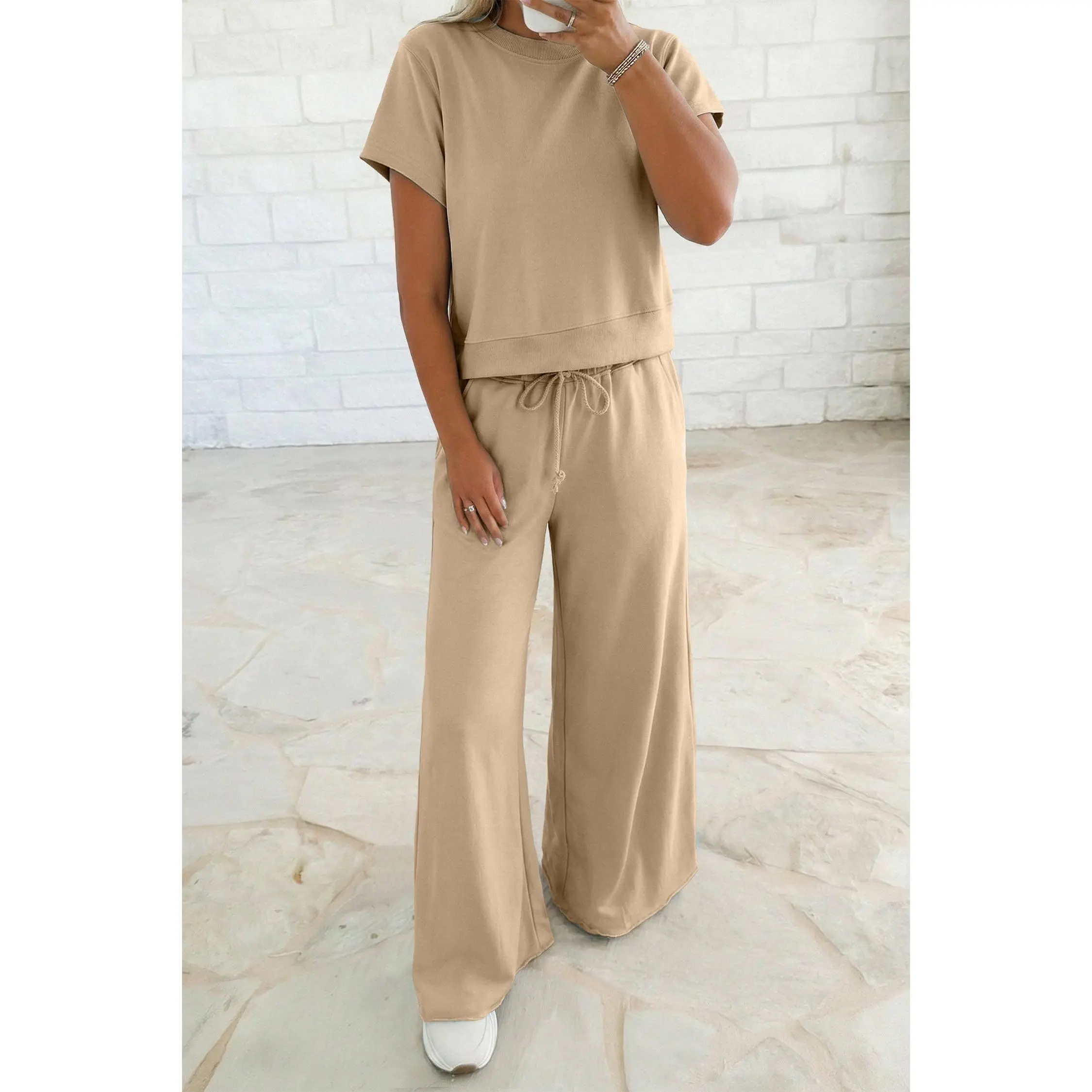 Women's 2-Piece Minimalist Everyday Casual Parchment Solid Outfits - Soft Short-Sleeve Tee, Wide-Leg Drawstring Pants, Breathable Adjustable Fabric, Ready-to-Wear Casual Fashion Set, Everyday Fit Basics, Shortsleeve, Loose, Comfy Sets