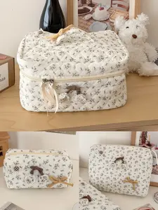 Cute Floral Quilted Makeup Bag Set, Large Capacity Portable Storage, Unique Design Handbag, 3-Piece Kit, All-Season Cosmetic Organizer