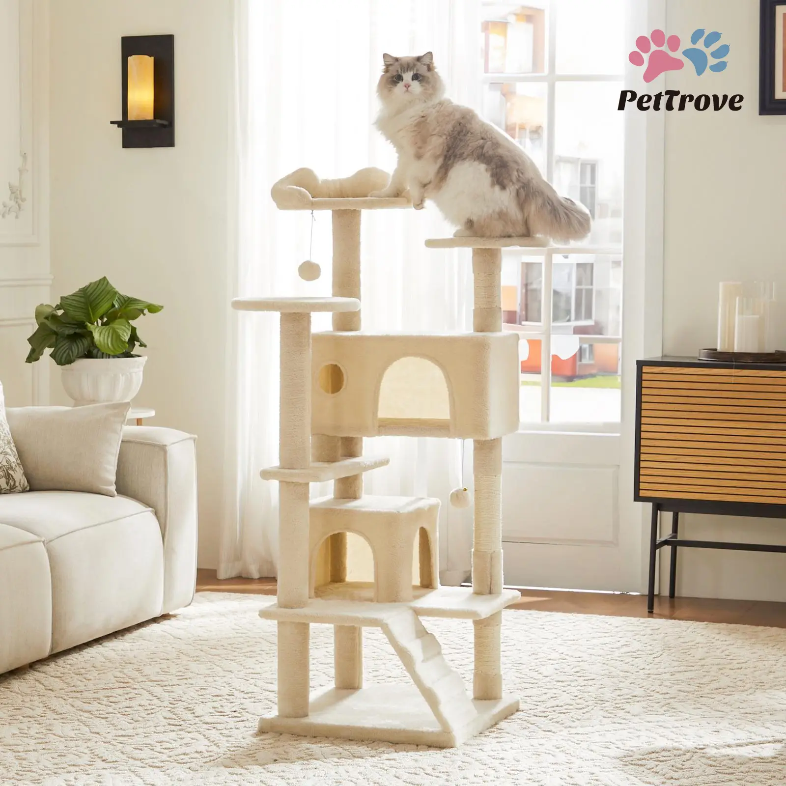 PetTrove Cat Tree Tower for Indoor Cats, 54in Tall Multi-Level Pet Furniture, Stable Kitty Play House with Sisal Scratching Post, Large Condo, Climbin