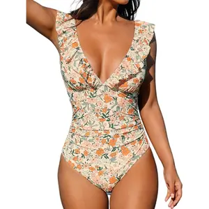 Women’s Tankini  Swimwear Ruffle V Neck Lace Up  one piece Swimsuit   Stylish Beach Bathing  for Summer Vacation suit summervibes,summervibes