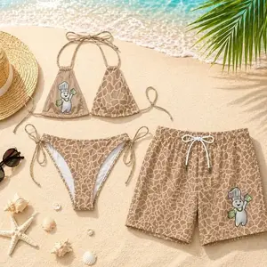 Funny Doughboy Chef Cartoon Giraffe Print Couple Matching Swimwear Halter Triangle Bikini Set Board Shorts Summer Beach Vacation Novelty Humorous Swim Outfit