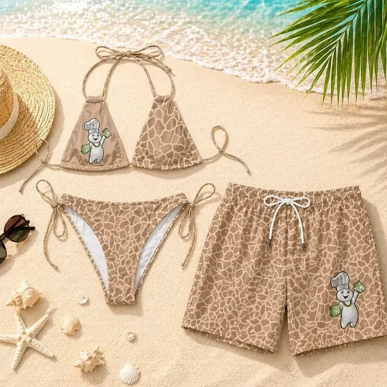 Funny Doughboy Chef Cartoon Giraffe Print Couple Matching Swimwear Halter Triangle Bikini Set Board Shorts Summer Beach Vacation Novelty Humorous Swim Outfit