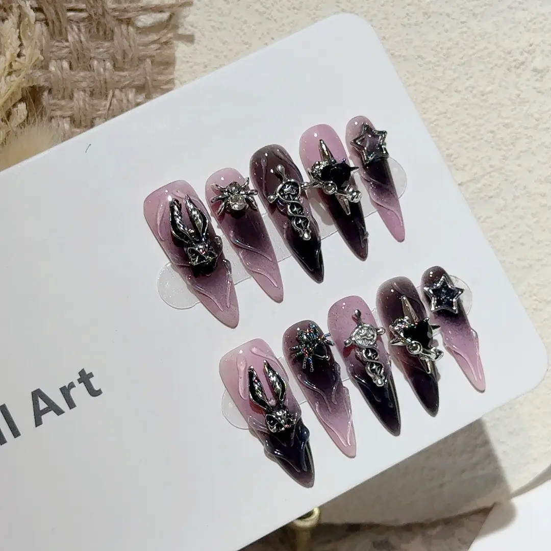 Gothic,Y2K Press-On Nails - Long Coffin Shape with 3D Metal Charms (Rabbit, Spider, Star) & Gradient Purple-Black Design