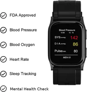 Jakoblife Black Lightweight BP Smartwatch, FDA 510(k) Cleared, Airbag Blood Pressure, Mental Tracking, Rate, Blood Oxygen,Sleep, Fitness, Bluetooth App, AI Cloud Health Analysis & Risk Predictions