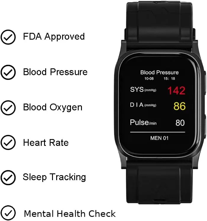 Jakoblife Black Lightweight BP Smartwatch, FDA 510(k) Cleared, Airbag Blood Pressure, Mental Tracking, Rate, Blood Oxygen,Sleep, Fitness, Bluetooth App, AI Cloud Health Analysis & Risk Predictions