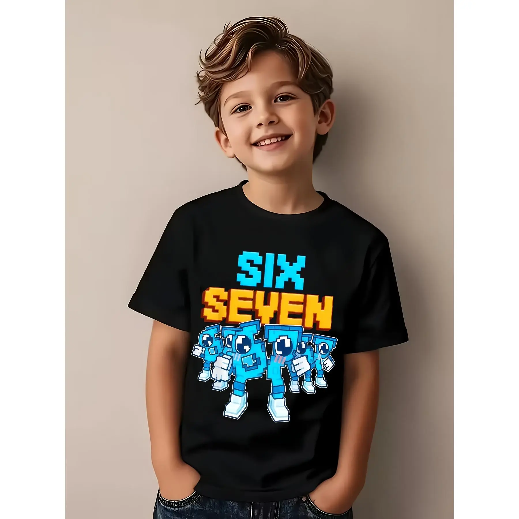 Kids' Boys' Cotton Crew Neck Graphic T-Shirt - 67 Number Theme, 6-7 Italian Brain Rot Math Joke, Fitted Cut, Funny Meme Print, Short Sleeve, Joyful Face Design, Casual Top for Parties, Daily Wear
