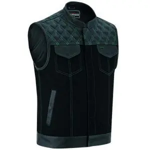 Men's Denim & Leather Motorcycle Vest with Deep Inside Pockets and Green Stitching.