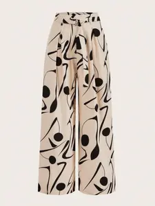 A women's beige geometric print belt-embellished wide-leg pants that are slimming, casual, versatile, suitable for both vacation and daily wear.