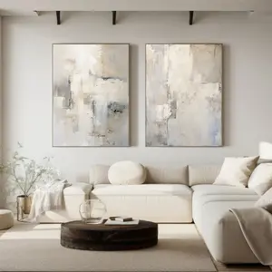 Set of 2 Minimalist Gray Beige Large Abstract Wall Art  Abstract Paintings Modern Living Room Paintings| Frameless Poster