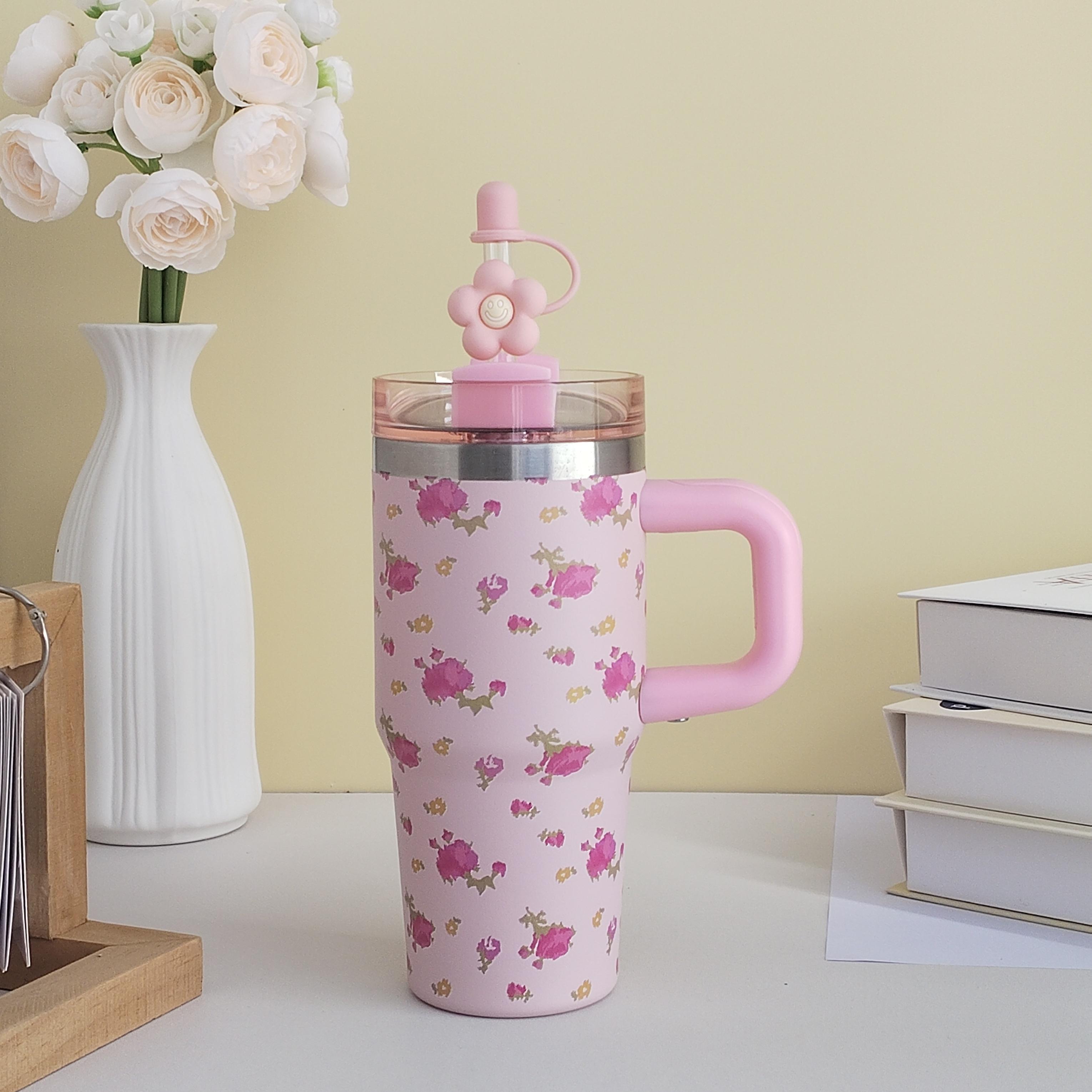 1pc 14 oz Printed Series 304 Stainless Steel Car Cup, with Handle and Straw, Double Walled Travel Mug for Outdoor Sports, Back to, Christmas, Thanksgiving, Valentine's Day Gifts