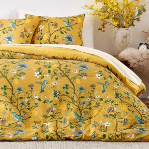 Yellow Bedding  Comforter Set 3 count, Botanical Floral  Bed Comforter Sets,Boho Whimsical Modern Printed Design Cute Seersucker Bedroom Comforter and Shams
