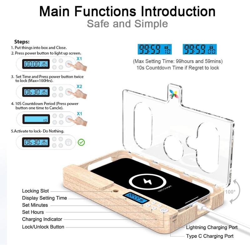 Portable Timed Phone Lock Box for  & Android, Woodgrain Design, 30-Day Auto-Timer, Mini Size, Lightweight, Focus Enhancer for Students & Adults
