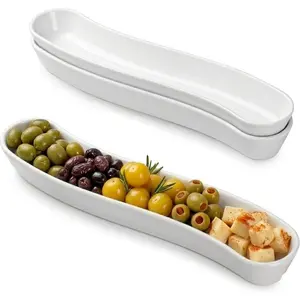 Olive Plates 3-Pack 12" - White Porcelain Long Arc Boat Trays, Ceramic Appetizer Platter for Charcuterie, Snacks, Entertaining, Dishwasher Microwave Oven Safe